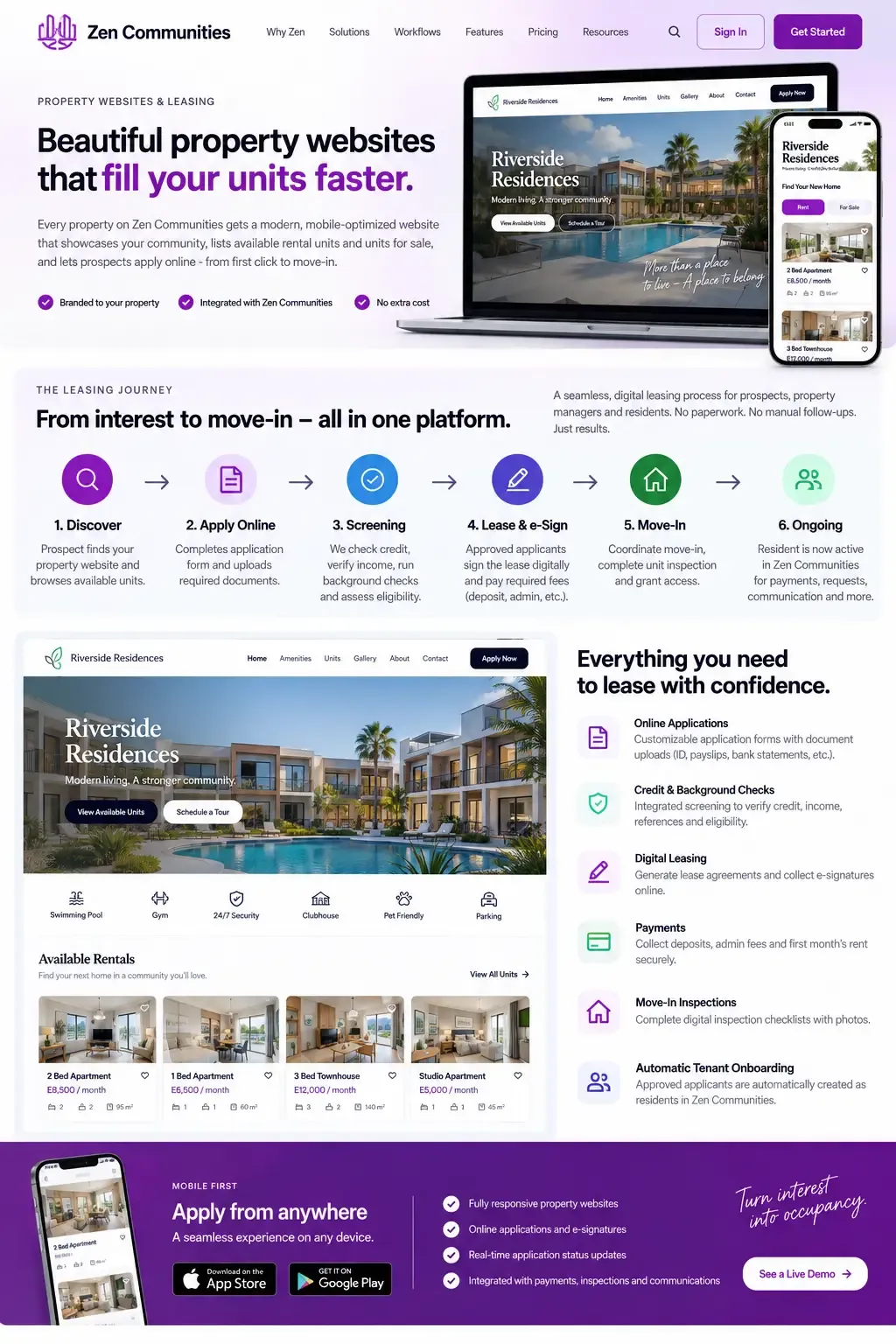 Mockup of a public property website and digital leasing journey powered by Zen Communities